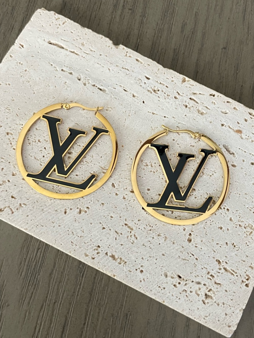 Gold and Black LV Hoop Earrings - Picture 2 of 3